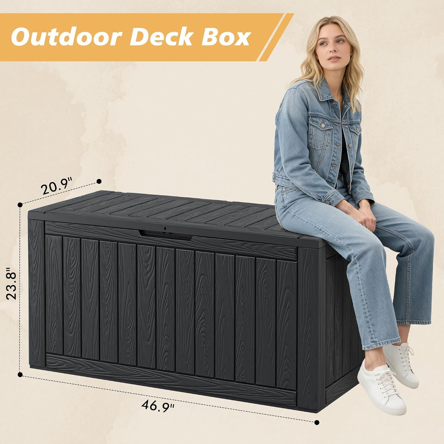 Fancyango 75 Gallon Outdoor Deck Box Waterproof, Large Storage Box for Patio, Resin Storage Bench Lockable for Garden Tools, Package Delivery, Black