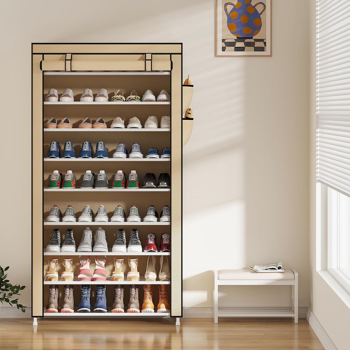 Laiensia 9-Tier Vertical Shoe Rack Organizer, Space Saving Shoe Storage Organizer, Non-Woven Cover Shoe Shelf Holds 36-45 Pairs for Bedroom, Hallway, Closet Entryway, Black