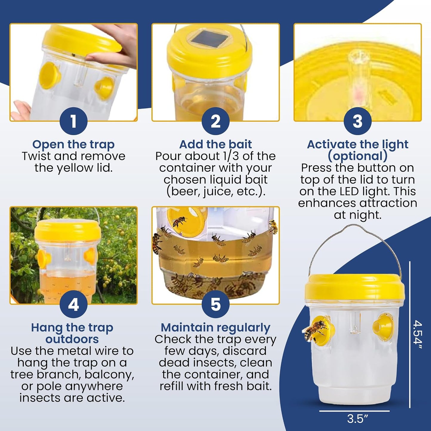 Solar Wasp Traps Outdoor Hanging 3 Pack Reusable Catcher with LED Light for Yellow Jackets Hornets Bees Flies Patio Porch Garden Backyard