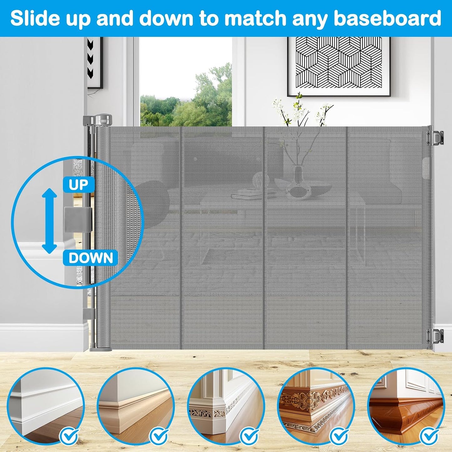42 Inch Extra Tall Retractable Baby Gates with Reinforced Strips 55 Inch Wide Outdoor Retractable Dog Gate No Sag Extra Tall Baby Gate for Doorway Anti-Scratch Mesh Gates for Kids or Pets, White