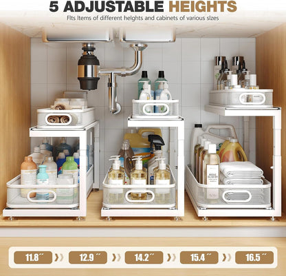 2-Pack Under Sink Storage Organizer with 2-Tier Slide Out Drawer, Sophisticated Mesh Pull Out Shelf for Kitchen & Bathroom, Fits Small Items, Upgraded Arched Track for Smooth Gliding(Patented)