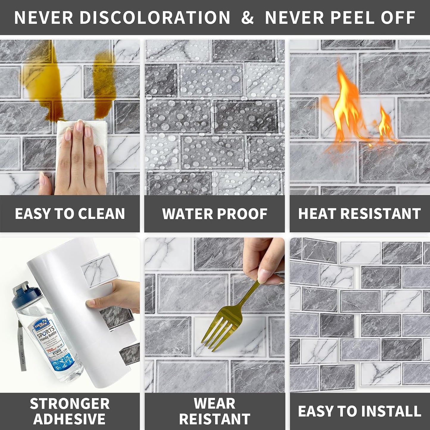 URCOLOR 10-Sheet Subway Tile Peel and Stick Backsplash for Kitchen,12"x12" Self Adhesive Wall Tiles Sticker on Back Splashes for Bathroom Gray Marble Design