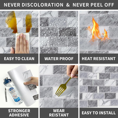 URCOLOR 10-Sheet Subway Tile Peel and Stick Backsplash for Kitchen,12"x12" Self Adhesive Wall Tiles Sticker on Back Splashes for Bathroom Gray Marble Design