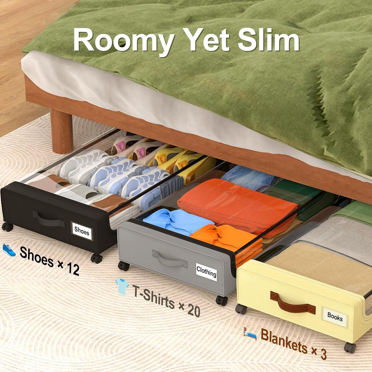 GoMaihe Under Bed Storage with Wheels: 48L Underbed Storage Containers with Lids - Rolling Bins for Shoes Clothes in Dorm Bedroom - Metal Drawers Easy Pull-out Grey 2-Pack
