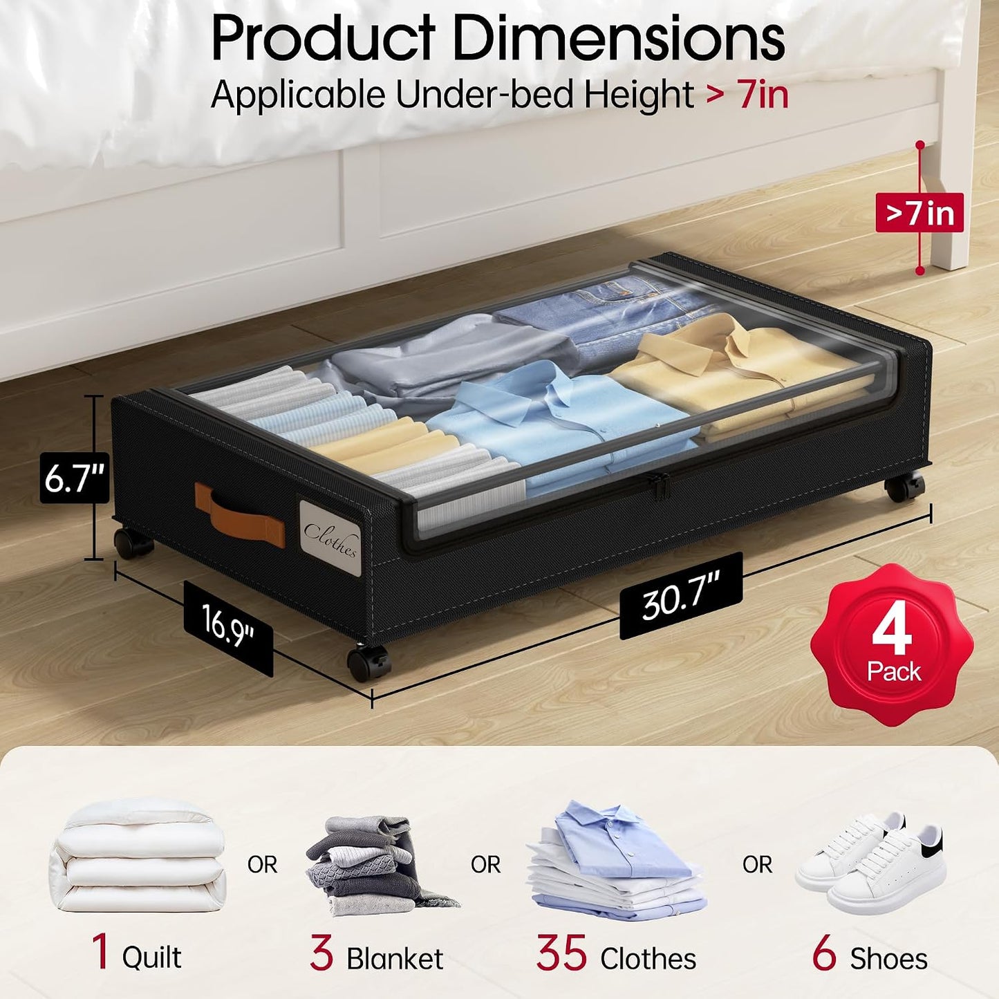 Yecaye Under Bed Storage with Wheels, 2 Pack Under Bed Storage Containers, 60L Underbed Shoe Storage with Clear Window & Label, Rolling Under Bed Metal Drawer for Clothes, Shoes, Books, Blankets