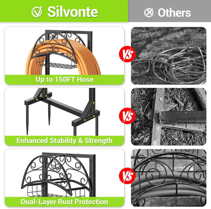 Garden Hose Holder – Freestanding Water Hose Stand with Storage Basket, Sturdy Metal Hanger Heavy-Duty Garden Storage Rack for Outside, Supports 151FT