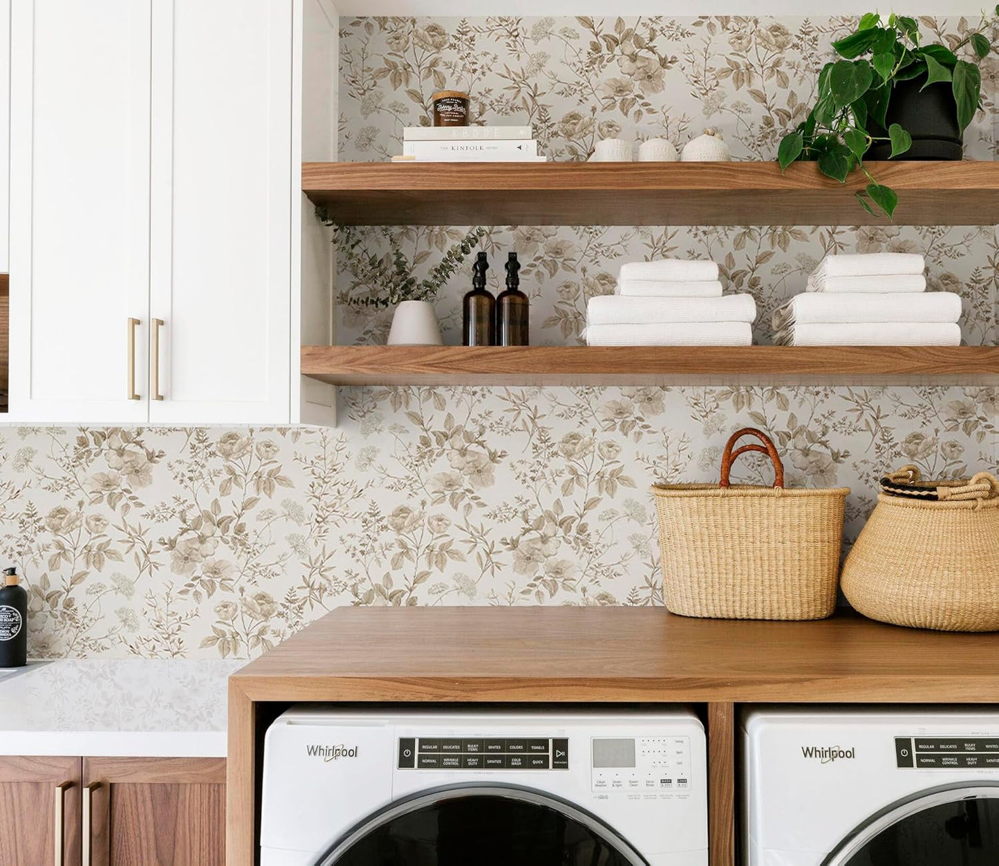 Erfoni 16.9" x118" Boho Floral Peel and Stick Wallpaper Beige Flower and Leaf Contact Paper Self Adhsive Removable Wallpaper Boho Botanical Wall Paper for Bedroom Cabinets Decor Vinyl Roll Waterproof