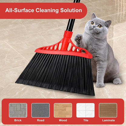Tiumso Heavy Duty Angle Broom - 55" Adjustable Iron Handle with Stiff Bristles - Commercial-Grade Indoor/Outdoor Broom for Garage, Patio, Kitchen, Sidewalk & Concrete Cleaning (Black & Red)