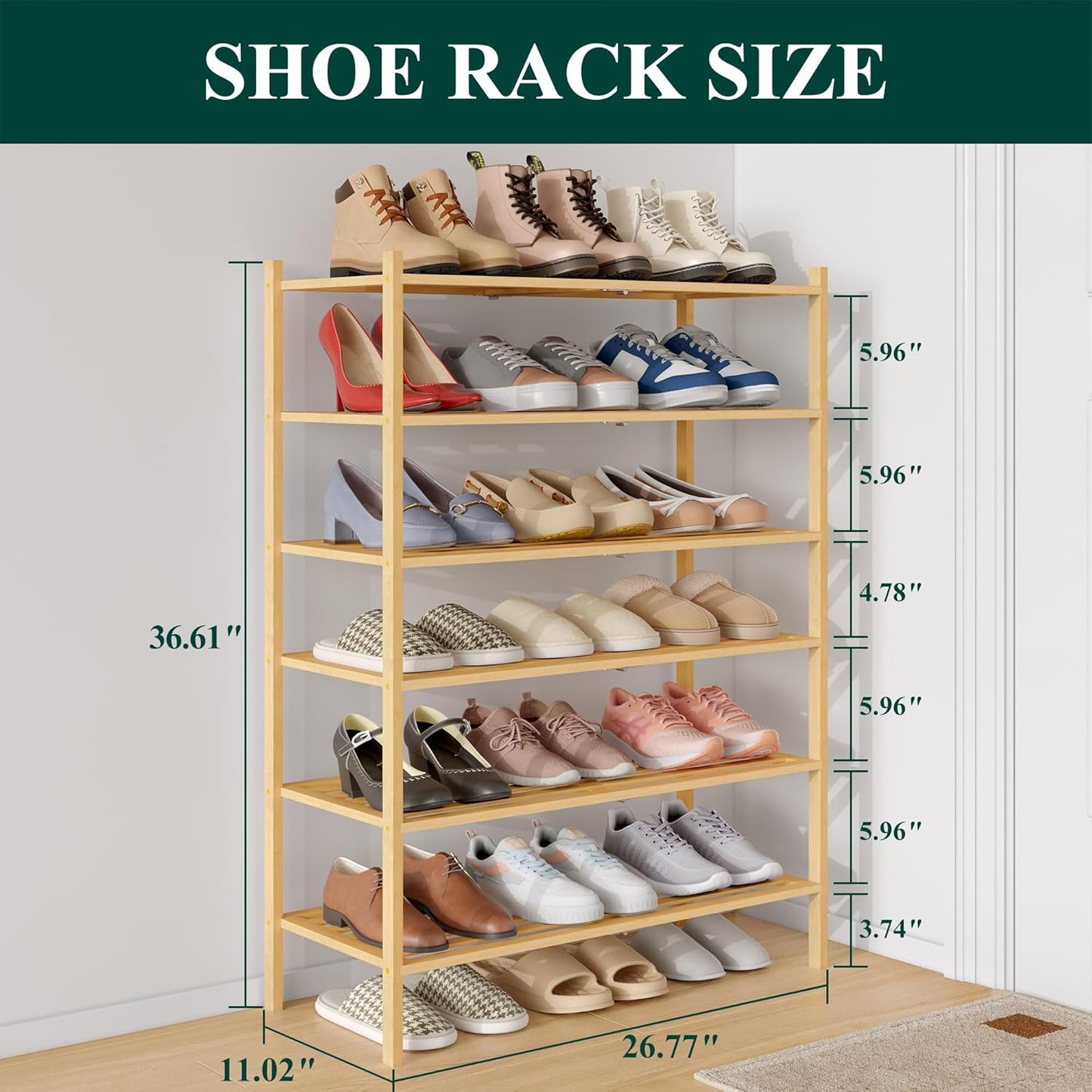 Smiry Bamboo Shoe Rack, 3 Tier Free Standing Wooden Shoe Organizer, Stackable Wood Shoe Storage Shelf for Closet, Entryway, 5 Horizontal Slats, 26.8"x11"x18.3", Natural