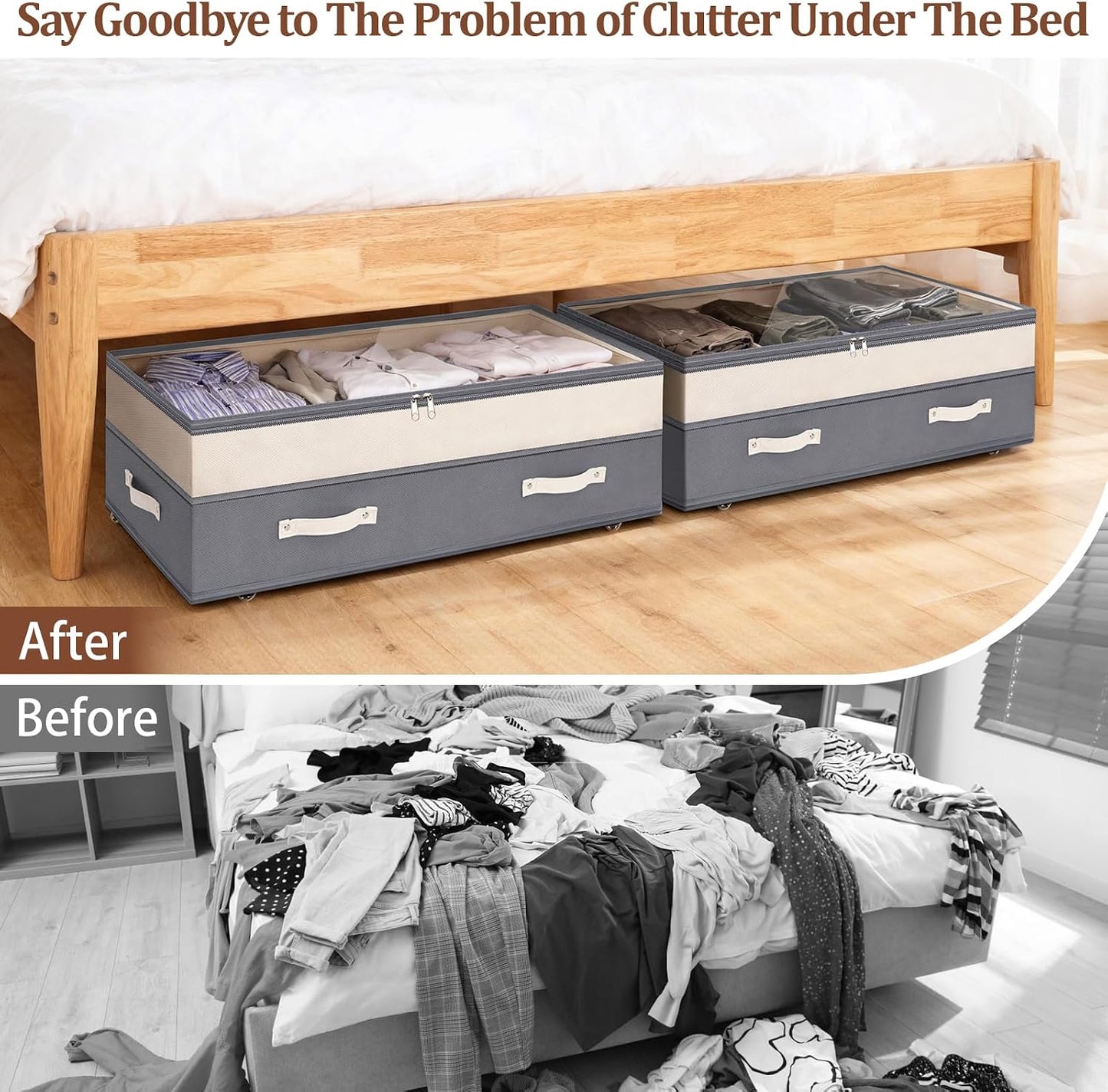 Dolicer 2 Pack Under Bed Storage with Wheels, 6in-10in Height Adjustable Underbed Storage Containers, 92L XXXL Under Bed Drawers Rolling Bin with Clear Lids for Dorm Shoes Clothes Organizers(Grey)