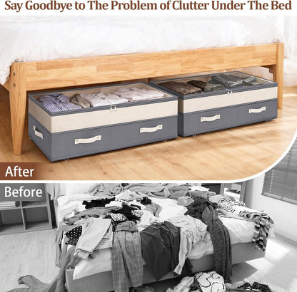 Dolicer 2 Pack Under Bed Storage with Wheels, 6in-10in Height Adjustable Underbed Storage Containers, 92L XXXL Under Bed Drawers Rolling Bin with Clear Lids for Dorm Shoes Clothes Organizers(Grey)
