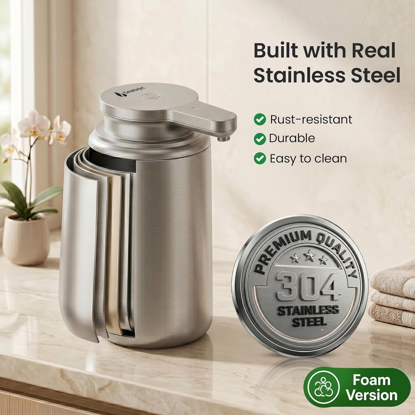 GentleJet WaveJet Automatic Foaming Soap Dispenser – Touchless Sensor, USB-C Rechargeable, 304 Stainless Steel, IPX5 Waterproof for Bathroom Kitchen Sink, 12 oz / 350 ml