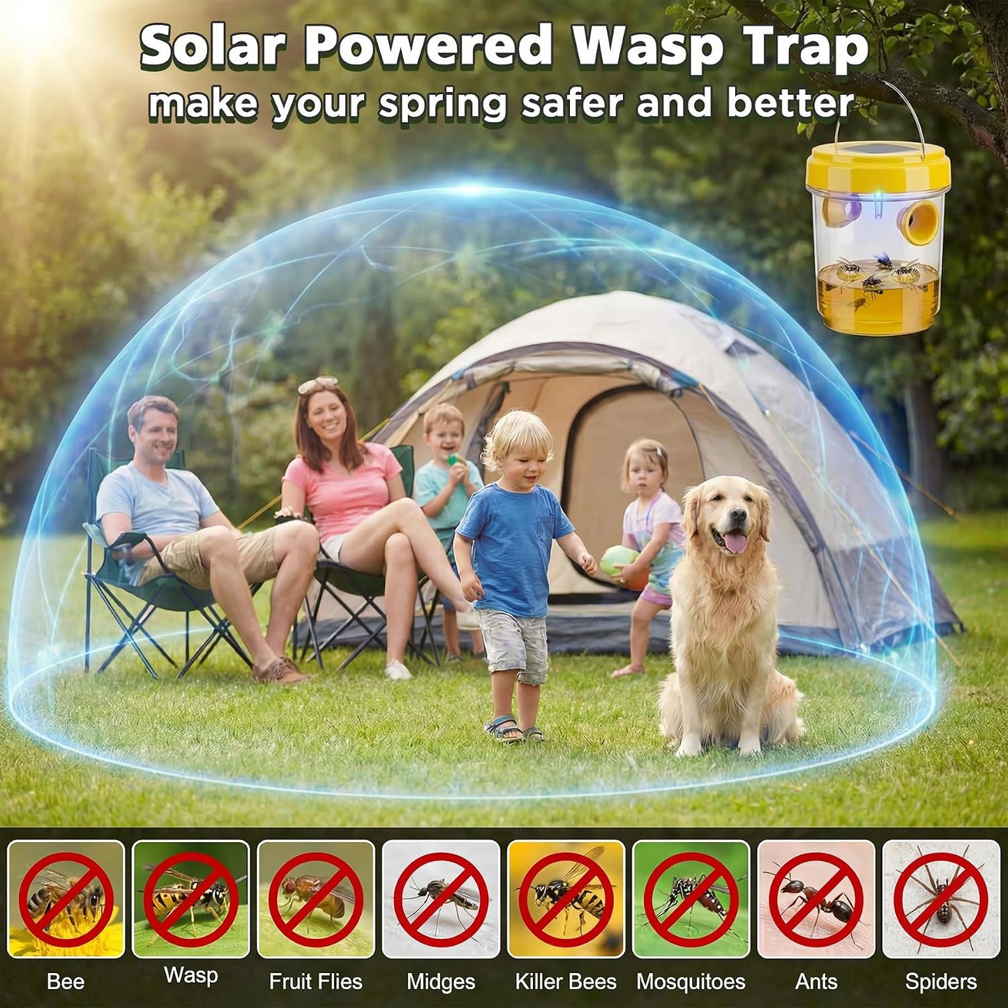 Wasp Trap Solar Powered 4 Packs, 2026 Upgrade Yellow Jacket Trap, Bee Traps Outdoor Hanging, Carpenter Bee Traps for Outside, Flying Insect Trap Reusable Hornet Catcher with LED Light