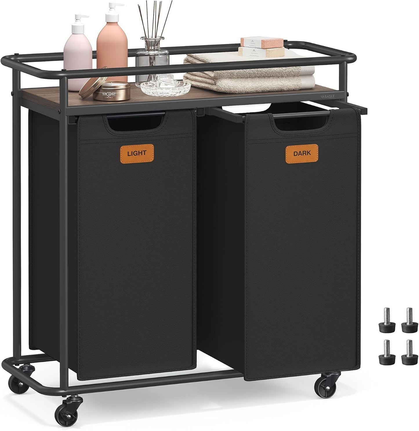 VASAGLE Laundry Sorter, Laundry Hamper with Wheels, 39.6 Gal. (150 L) Portable Rolling Cart Baskets with Shelf, 3 Removable Liners and 6 Labels, Ink Black and Chestnut Brown UBLH103BH01