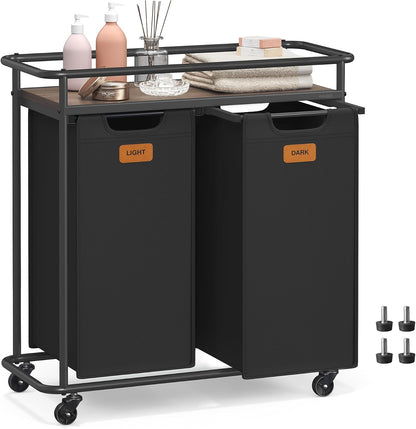 VASAGLE Laundry Sorter, Laundry Hamper with Wheels, 39.6 Gal. (150 L) Portable Rolling Cart Baskets with Shelf, 3 Removable Liners and 6 Labels, Ink Black and Chestnut Brown UBLH103BH01