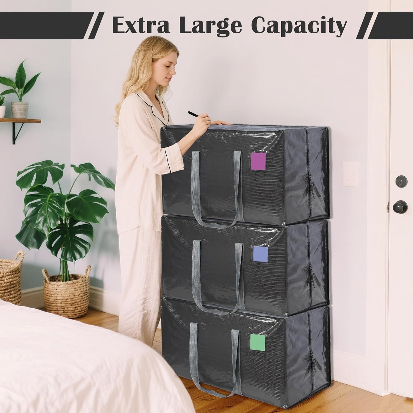 6 Pack Moving Bags Heavy Duty 210GSM with Full-Open Side Zipper, 93L 220lbs Waterproof Foldable Storage Totes for College Dorm Move-In, Moving Boxes Alternative & Home Organization, Blue