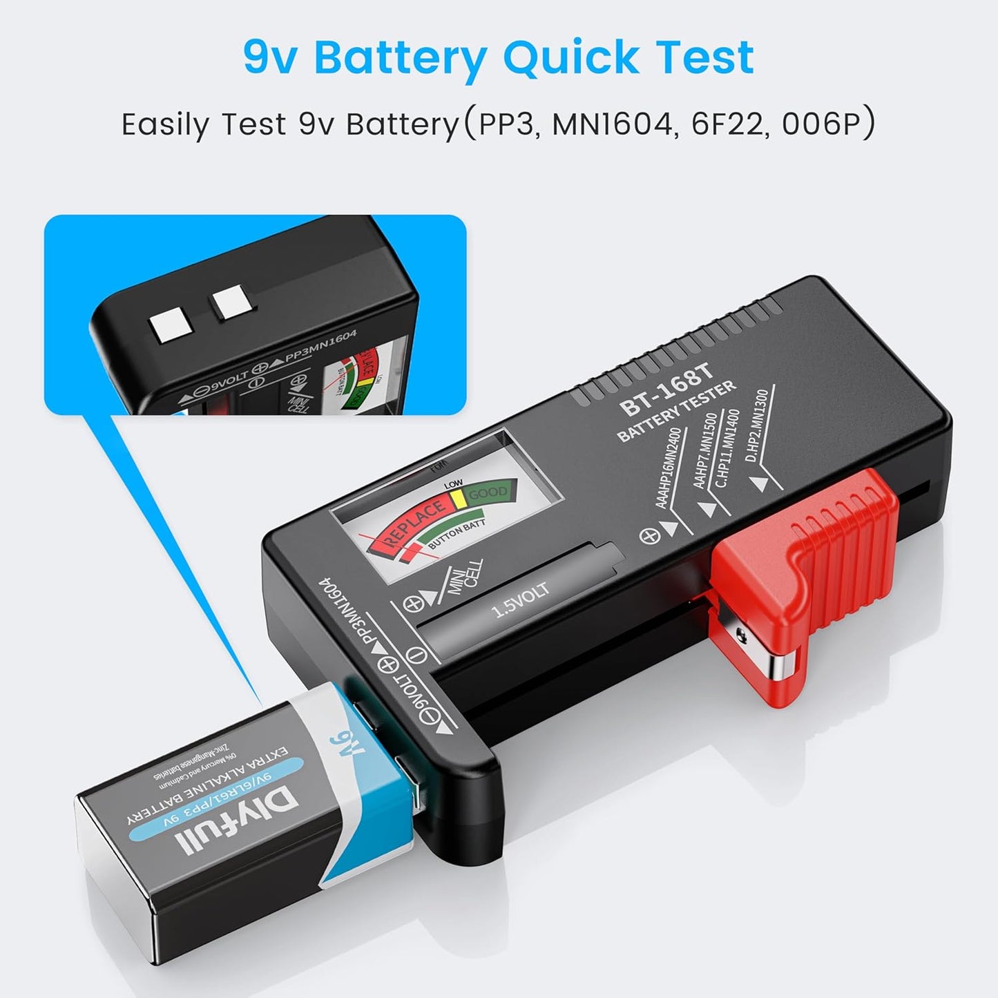 Dlyfull Battery Tester, Universal Battery Testers Small Battery Checker for AAA AA C D 9V 1.5V Button Cell Household Batteries (Magnetic Version)