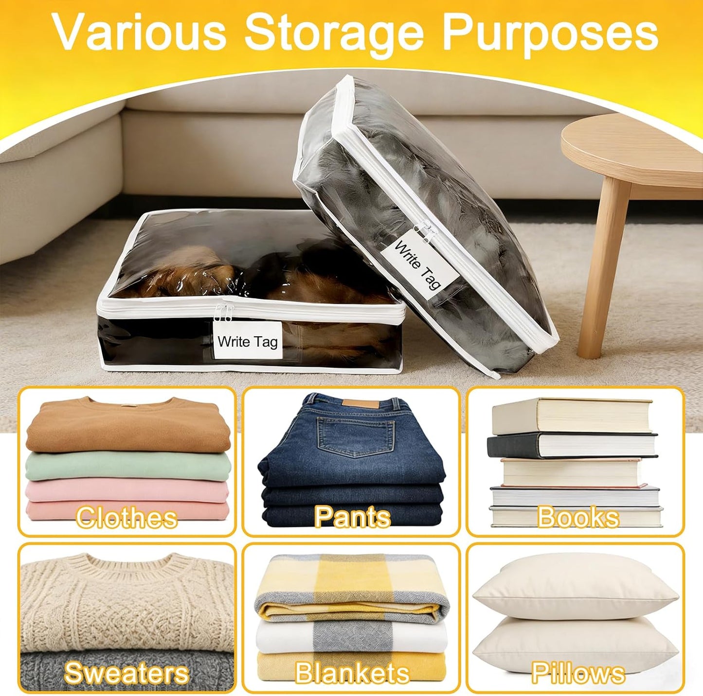 6 Pack Clear Zippered Plastic Storage Bags, Vinyl Sweater Bags with Zipper, Durable Clothing Organizer Protectors for Quilt, Blankets and Bedding, 15.3" x 13.8" x 3.9"