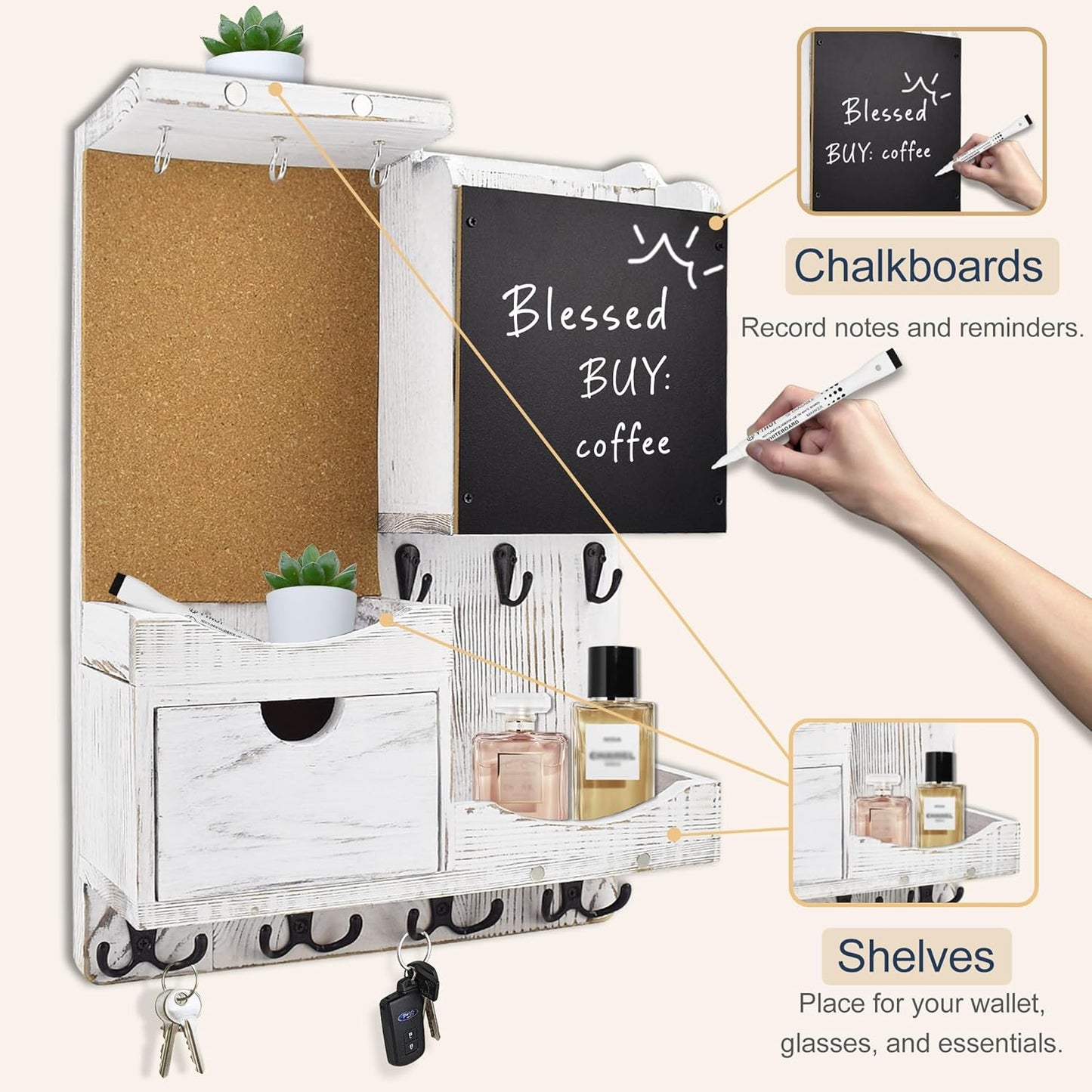 Key Holder for Wall Mount with Shelf and Mail Organizer, Key and Mail Holder with 16 Hooks, Farmhouse Entryway Organizer, Home Decor Rack (Pine Wood, Black)