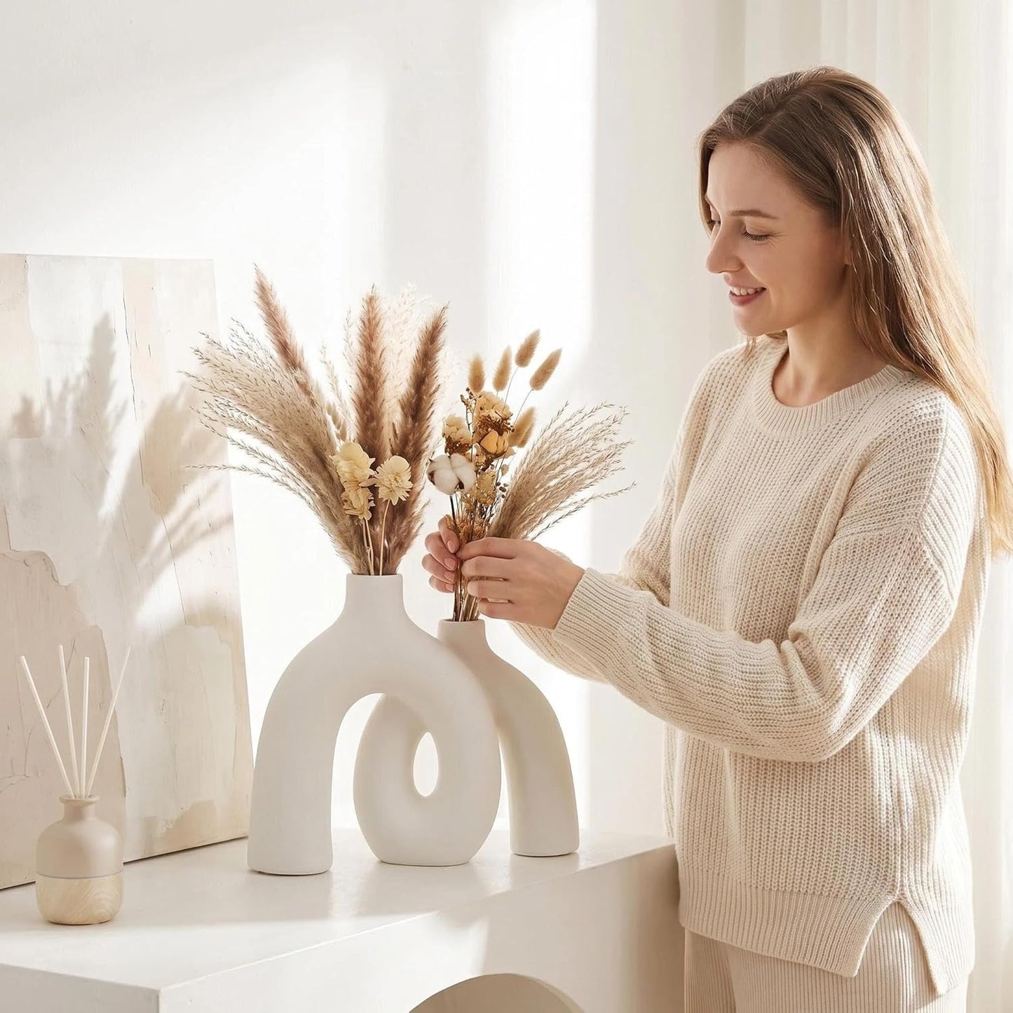 CEMABT Modern Nordic Boho Vase Set - Elegant Beige Matte Ceramic Vase for Living Room, Bookshelf, Mantel, Entryway Table & Console Decor | Home Decor Shelf Decorations Easter Gift
