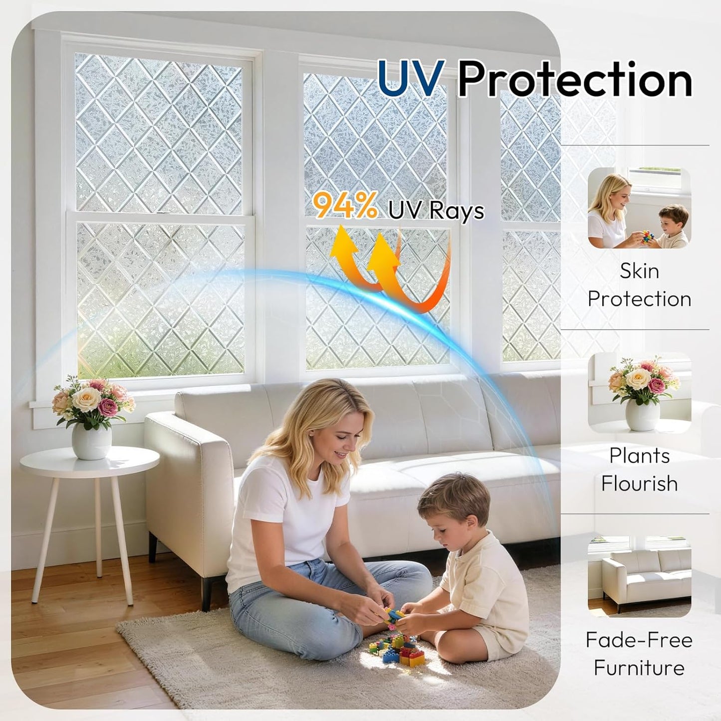 rabbitgoo Window Privacy Film, Decorative Privacy Window Film Sun Blocking, Frosted Glass Cling for Home Door, Non-Adhesive Static Cling Sticker Covering Heat Blocker, Clear, 17.5" x 78.7"