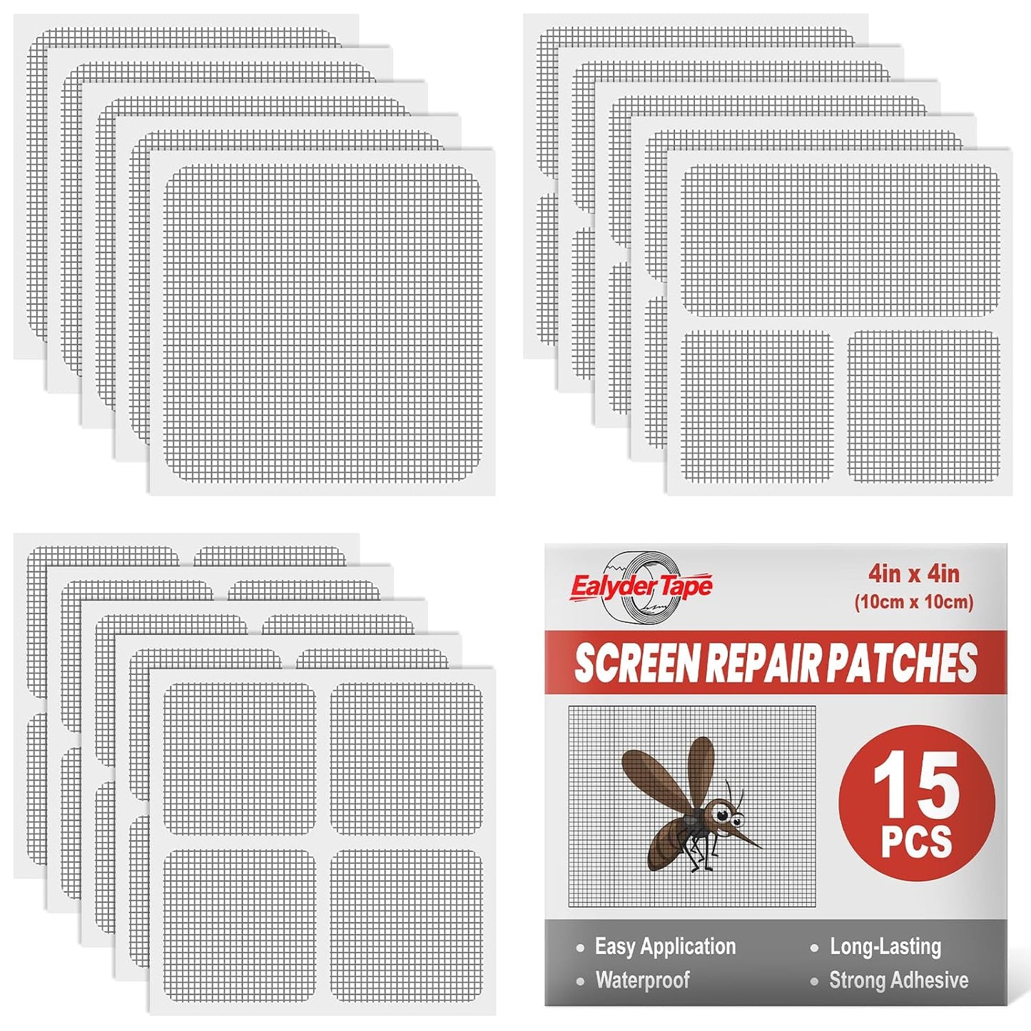 15 Sheets Window Screen Patches Repair Kit, Black 3 Sizes Fiberglass Screen Repair Patches, Strong Self Adhesive Quick Mesh Repair Tape for Window Screen Door, Mosquito Net Tears Holes Fix