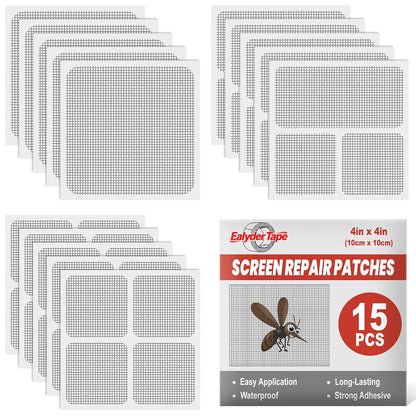 15 Sheets Window Screen Patches Repair Kit, Black 3 Sizes Fiberglass Screen Repair Patches, Strong Self Adhesive Quick Mesh Repair Tape for Window Screen Door, Mosquito Net Tears Holes Fix
