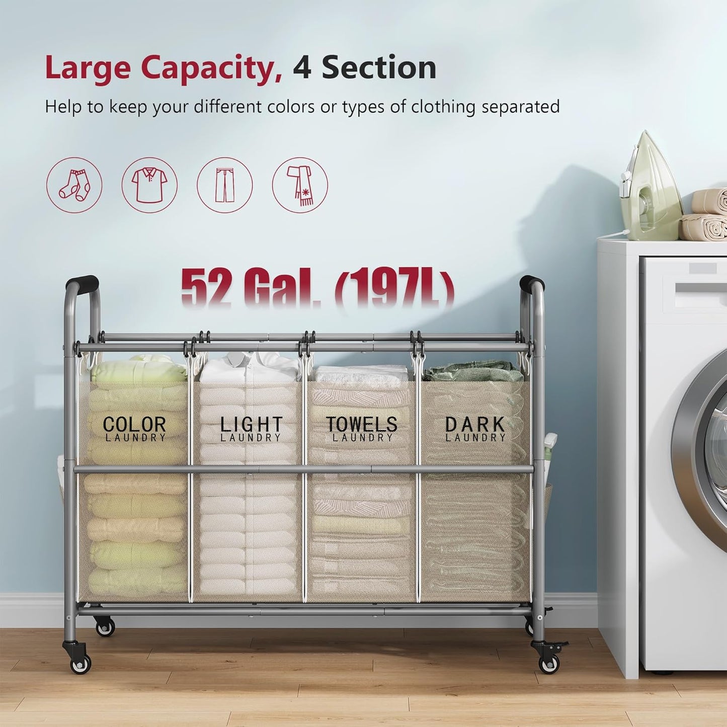 Tajsoon 4 Bag Laundry Sorter Cart, 4 Section Laundry Hamper Sorter with Heavy Duty Lockable Rolling Wheels, Laundry Separator Hamper with Removable Bags for Dirty Clothes Storage, Black
