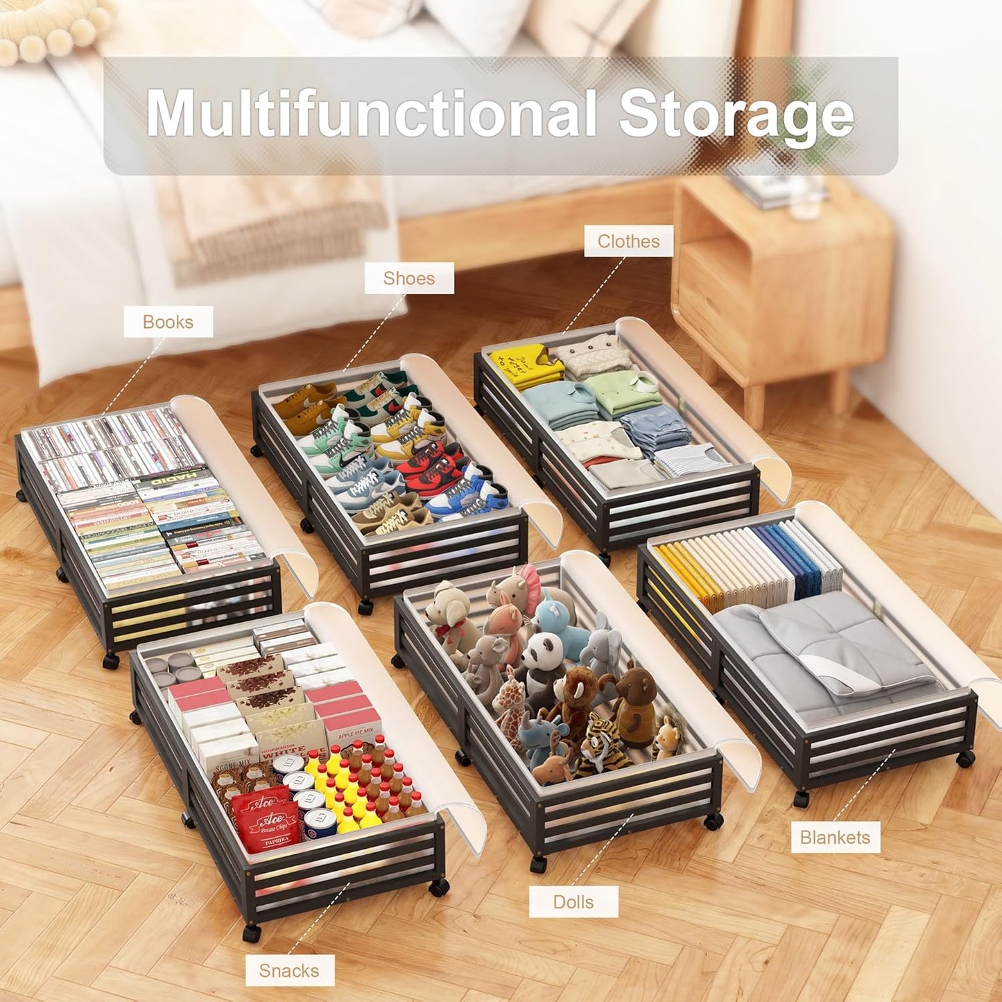 Under Bed Storage Containers With Wheels - 2 Pcs Bamboo Wood Rolling Underbed Shoe Storage Bins With Dust Bags for Clothes Blankets, Duvet Covers Snacks Toys (Natural)