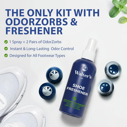 Shoe Deodorizer Spray & Odor Eliminator Kit - Shoe Spray for Smelly Shoes, Feet & Gym Bags | Peppermint Scent | Odor Removal & Shoe Cleaning Solution | 4 fl oz Spray + 2 Pairs of Deodorizer Balls