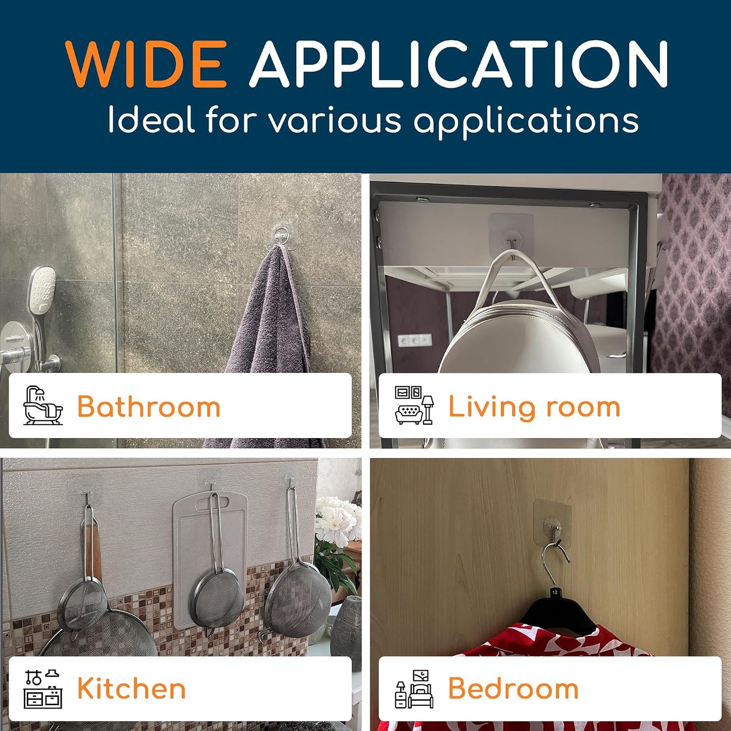 GLUIT Adhesive Wall Hooks for Hanging Heavy Duty 22 lbs Hooks for Walls No Drill, Towel Sticky Clear Hook, Waterproof, Home, Bathroom, Kitchen, Office, and Outdoor 12 Pack