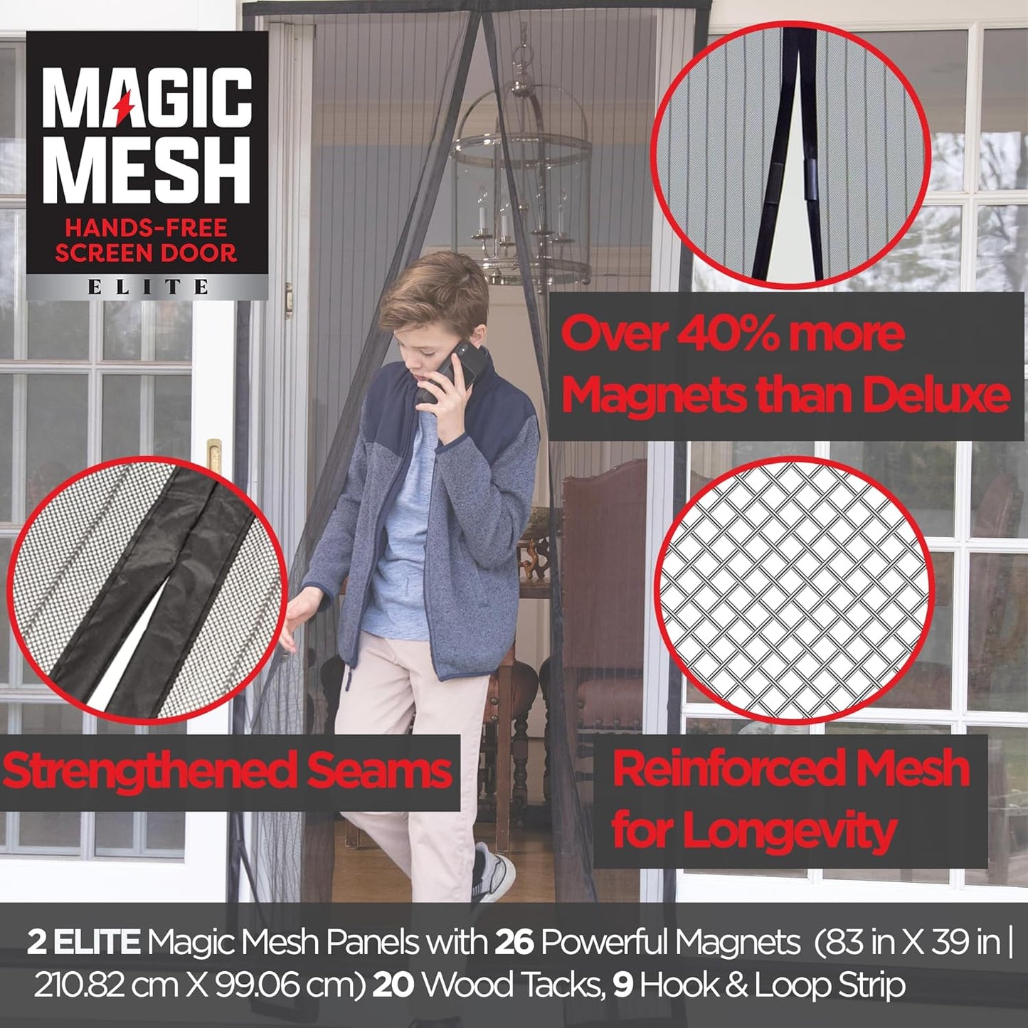 Magic Mesh Elite- More Durable Magnetic Screen Door, Reinforced Seam Mesh Curtain Keeps Bugs Out, One Panel Hook & Loop Frame, Strong & Hidden Magnets- Fits Single Doors up to 39 x 83 Inches