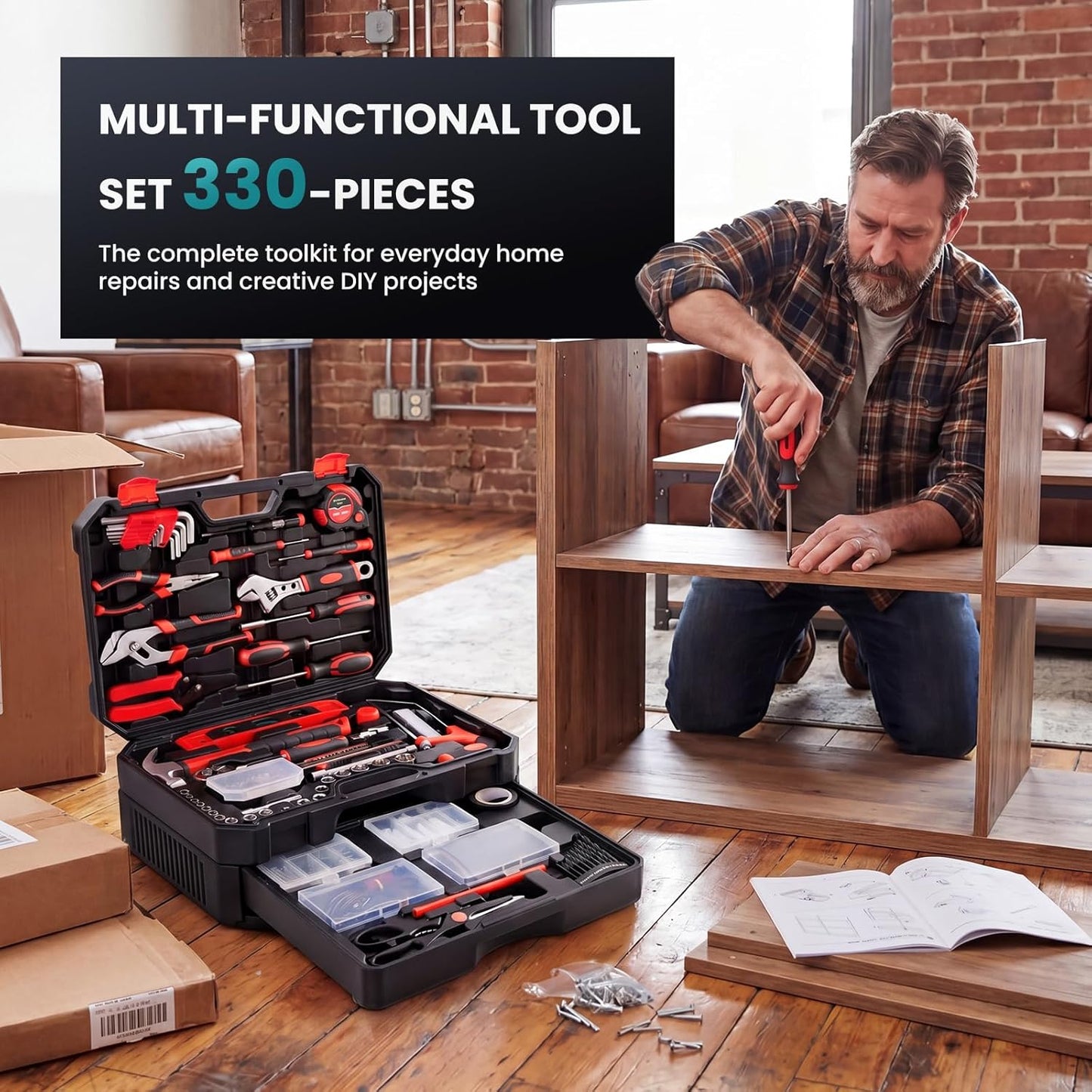 DUMOS 330-Piece Complete Homeowners Tool Box Set with Pull-Out Drawer | Durable Tool Kit, Versatile Home Repair Tool Kit for Auto & Household, DIY Projects