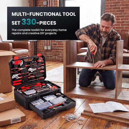 DUMOS 330-Piece Complete Homeowners Tool Box Set with Pull-Out Drawer | Durable Tool Kit, Versatile Home Repair Tool Kit for Auto & Household, DIY Projects