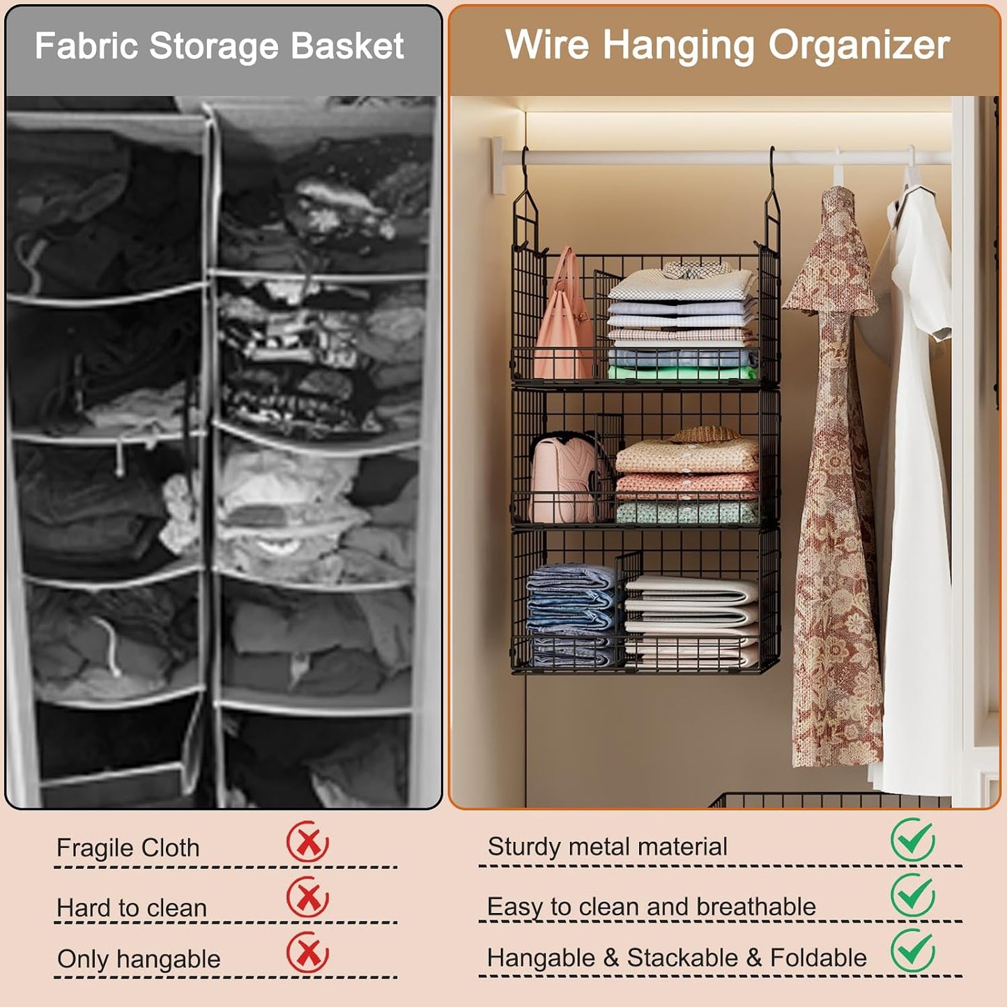 Sonyabecca 3-Tier Hanging Closet Organizers and Storage, Foldable Stackable Wire Basket Bins with 5 S Hooks, Space-Saving Hanging Closet Shelf for Clothing, Sweaters, Handbags, Hats,Purse