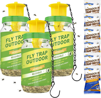 3 Pack Fly Traps Outdoor with 6 Natural Bait Refills | Reusable Hanging Fly Catcher for Patio, Garden, Orchard, Yard, Ranch and Horse Farm