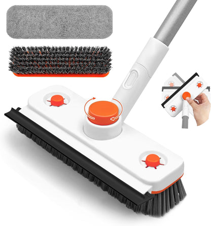 Floor Scrub Brush with Long Handle, 3 in 1 Extendable Stiff Bristle Scrape Brush, 60-In Shower Scrubber Brush with Squeegee and 2 Replacement Heads for Cleaning Bathroom Kitchen Deck Tub Tile