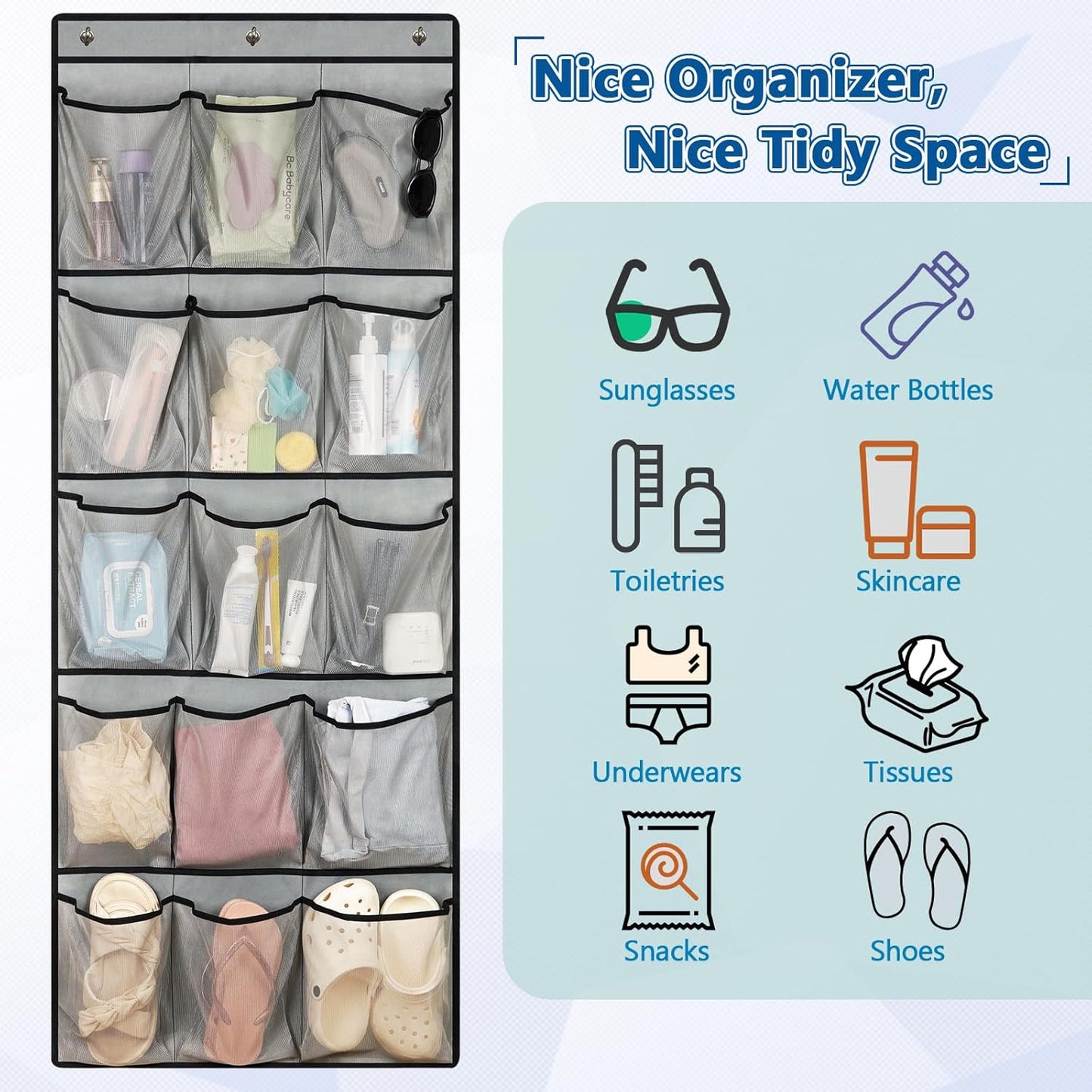 Over The Door Cruise Ship Organizer - Cruise Ship Magnetic Door Organizer with 15 Size-Graded Pockets, Hanging Magnetic Cruise Storage Shoe Rack for Cabin, 2026 Cruise Essential, 9 Hooks(White)