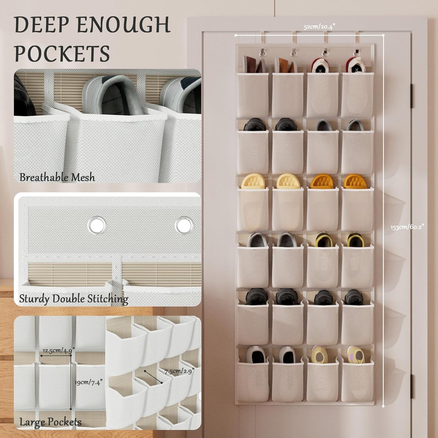homyfort Over the Door Shoe Organizer, Hanging Shoe Rack Storage Holder with 24 Large Pockets for Closet Door, Men Women Kids Shoes, Cruise (Black)