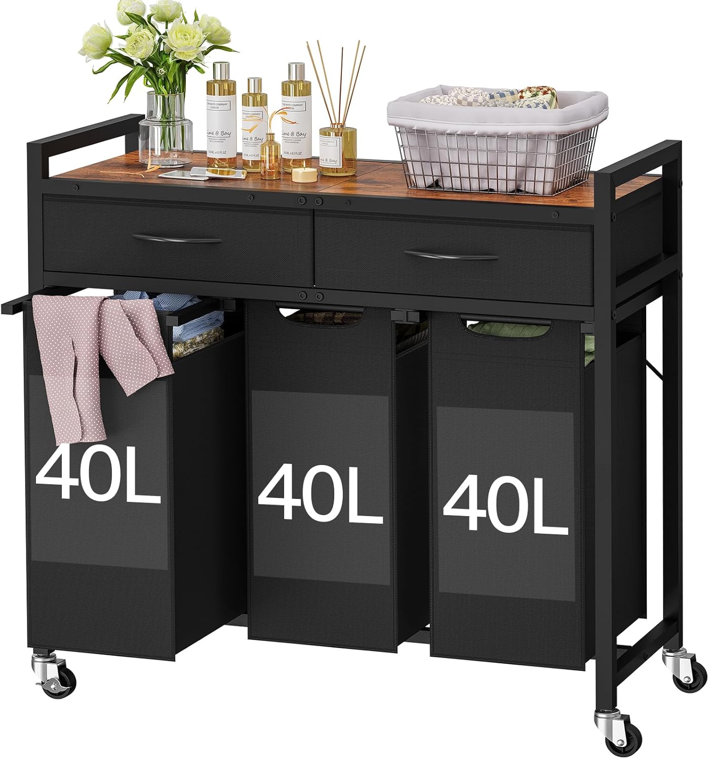 Laundry Sorter 3 Section, 120 L Laundry Hamper with 2 Drawers & 2-tone Top Panel, Rolling Laundry Basket Organizer with Pull-Out Removable Oxford Fabric Bags for Laundry Room Organization UNZYL006BVV3