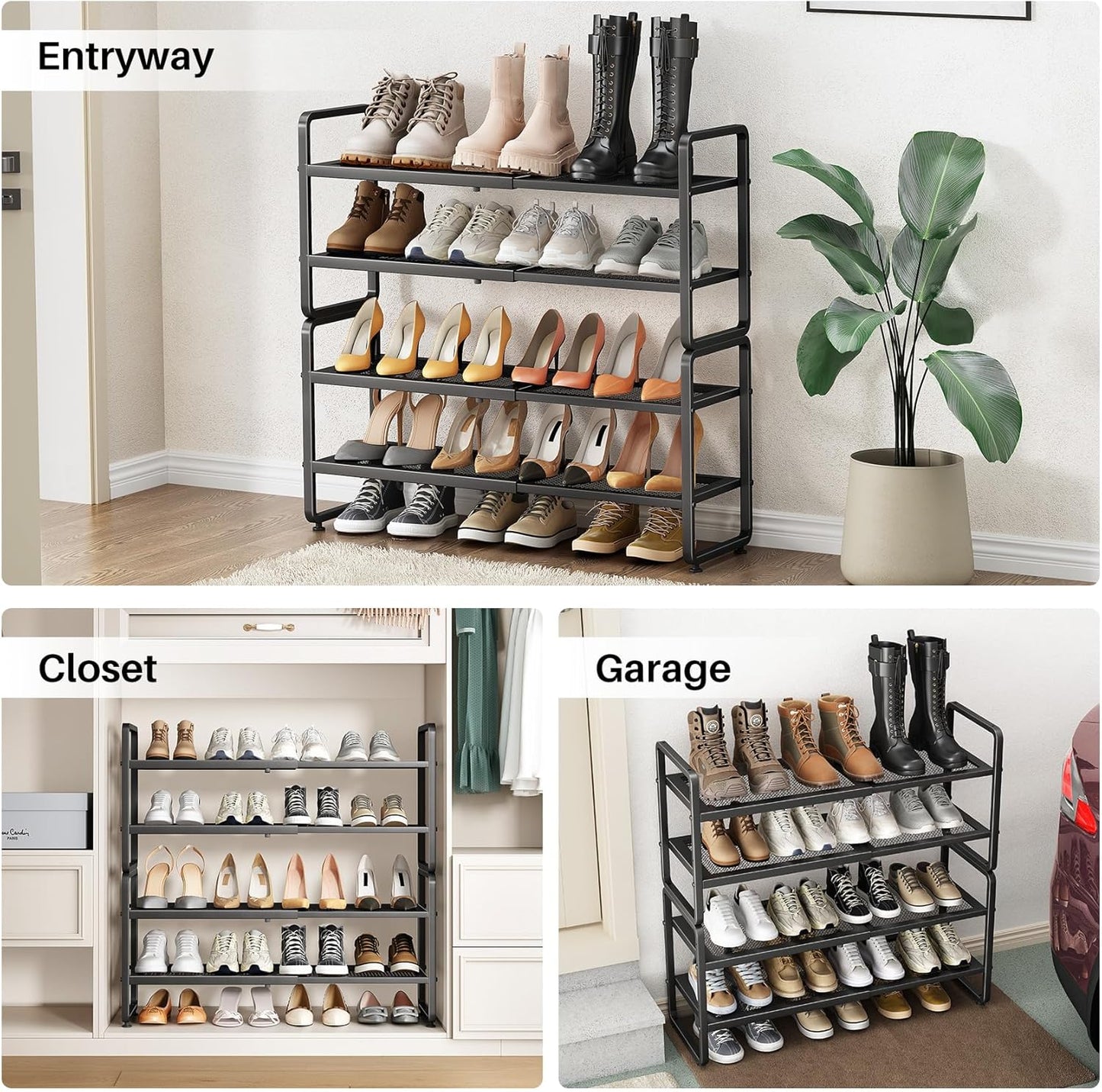 SNTD Shoe Rack - Expandable Shoe Organizer for Closet, Adjustable Metal Shoe Shelf Storage, Stackable Long Shoe Stand Holder for Garage, Entryway, Door Entrance (Black, 2-Tier)