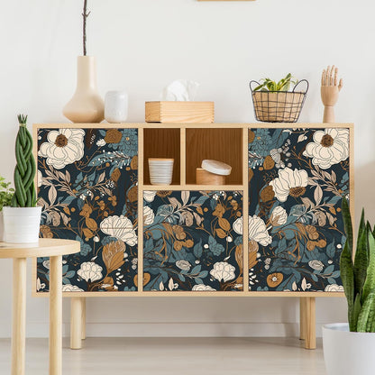 Floral Peel & Stick Wallpaper - Boho Removable Wallpaper for Bedroom & Bathroom - Black/Sand/Oliva - Easy Peel Off - Vintage - Renter Friendly - 118.1" X 17.7"