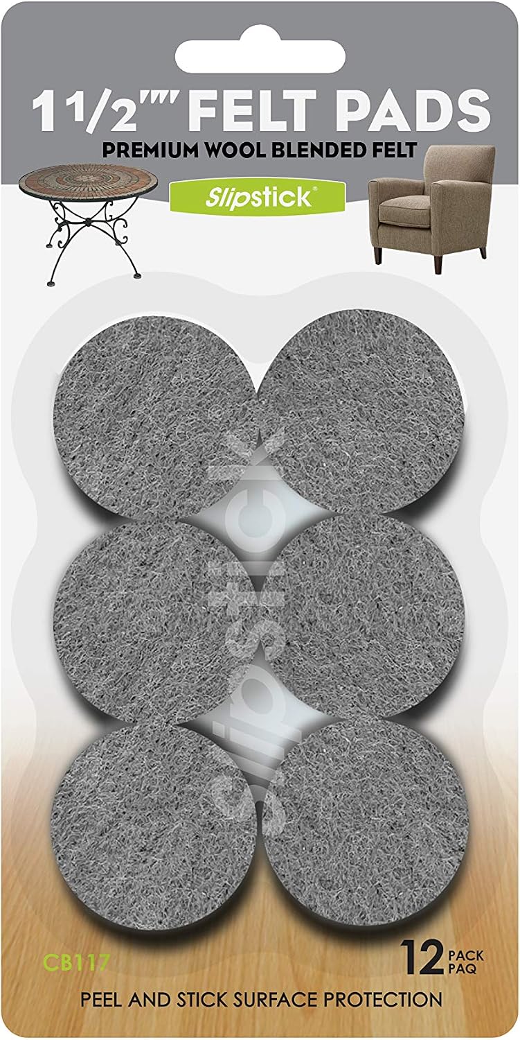 Slipstick Premium Wool Felt Furniture Pads/Floor Protectors (1 Inch Round Value Pack) Includes 40 Heavy-Duty Felt Chair Leg Pads with Self-Stick Adhesive, Gray, CB115