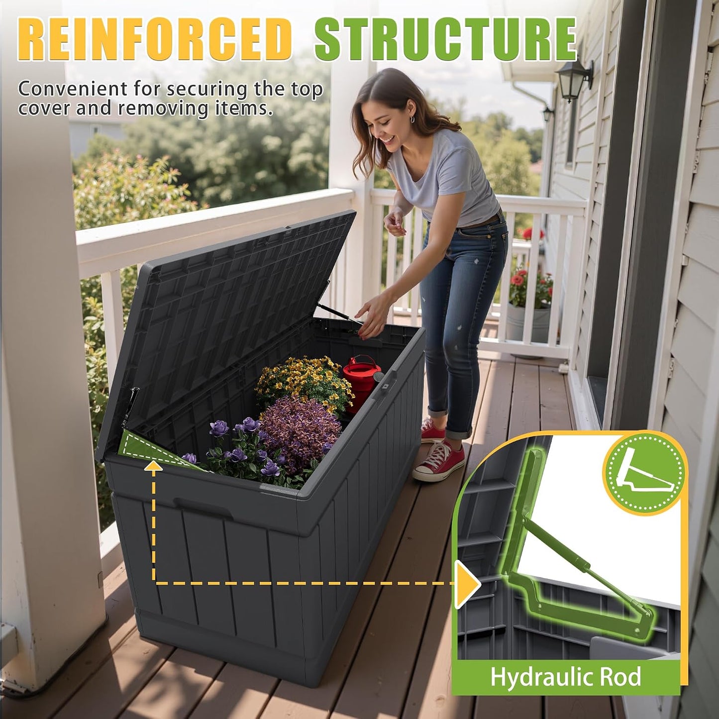 Greesum Outdoor Storage Box 82 Gallon Storage Bin with Lid for Patio Furniture, Garden Tools, Pool Supplies, Waterproof and UV Resistant, Lockable, Black