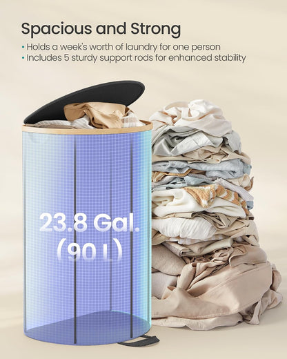 SONGMICS Laundry Hamper, Laundry Sorter with Lid, Storage Basket Bin, Removable Liners, Bamboo Frame, for Bedroom, 3 Sections, 44.9 Gal. (170 L), Ink Black ULCB533BH01