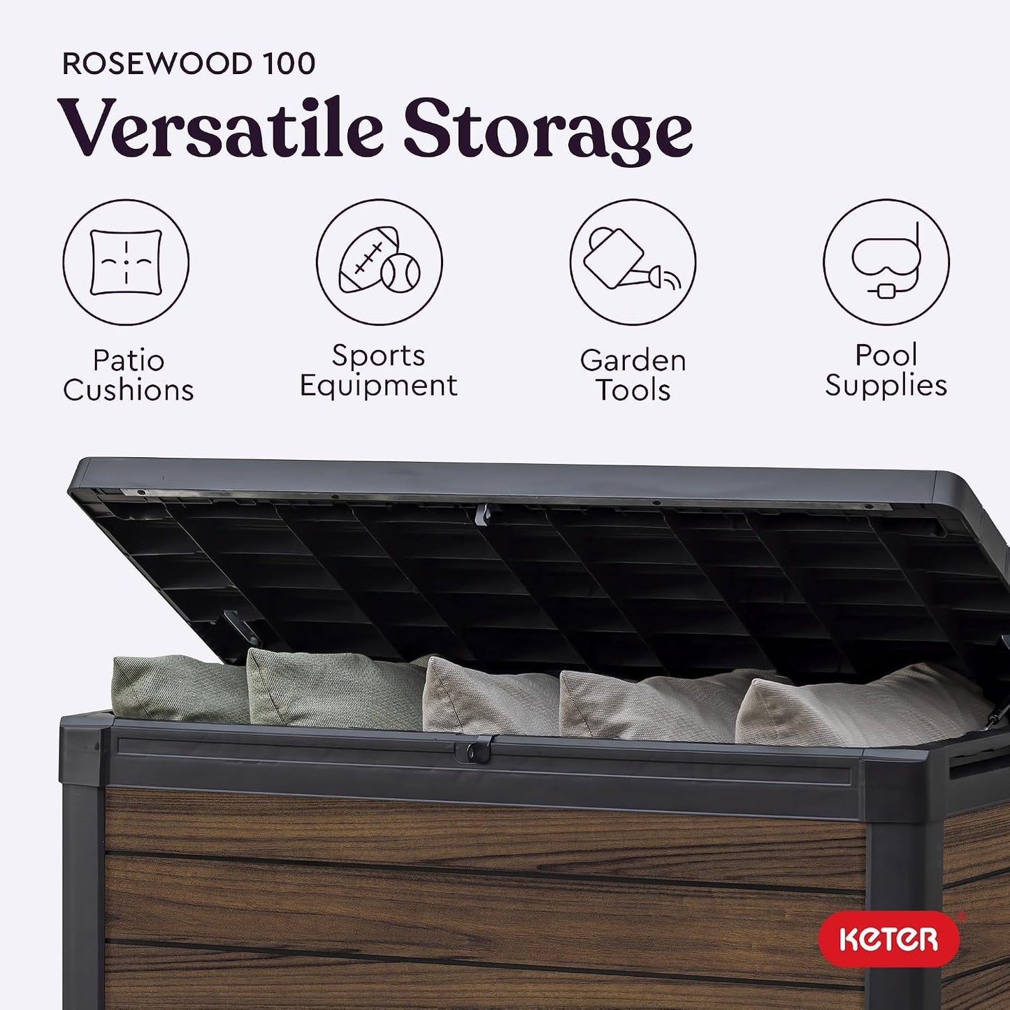 Keter Signature Everwood 30 Gallon Resin Outdoor Storage Box and Patio Furniture Side Table for Pool and Garden Accessories, Walnut