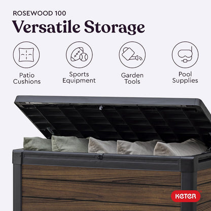 Keter Signature Everwood 30 Gallon Resin Outdoor Storage Box and Patio Furniture Side Table for Pool and Garden Accessories, Walnut