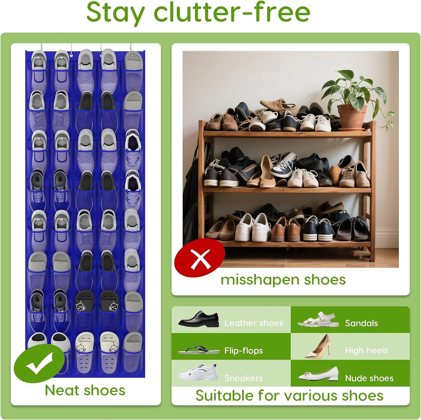Over the Door Shoe Organizer with 40 Large Breathable Mesh Pockets, Space Saving Shoe Holder, Hanging Shoe Rack for Entryway Bedroom Closet Storage (White, 40 Pockets)