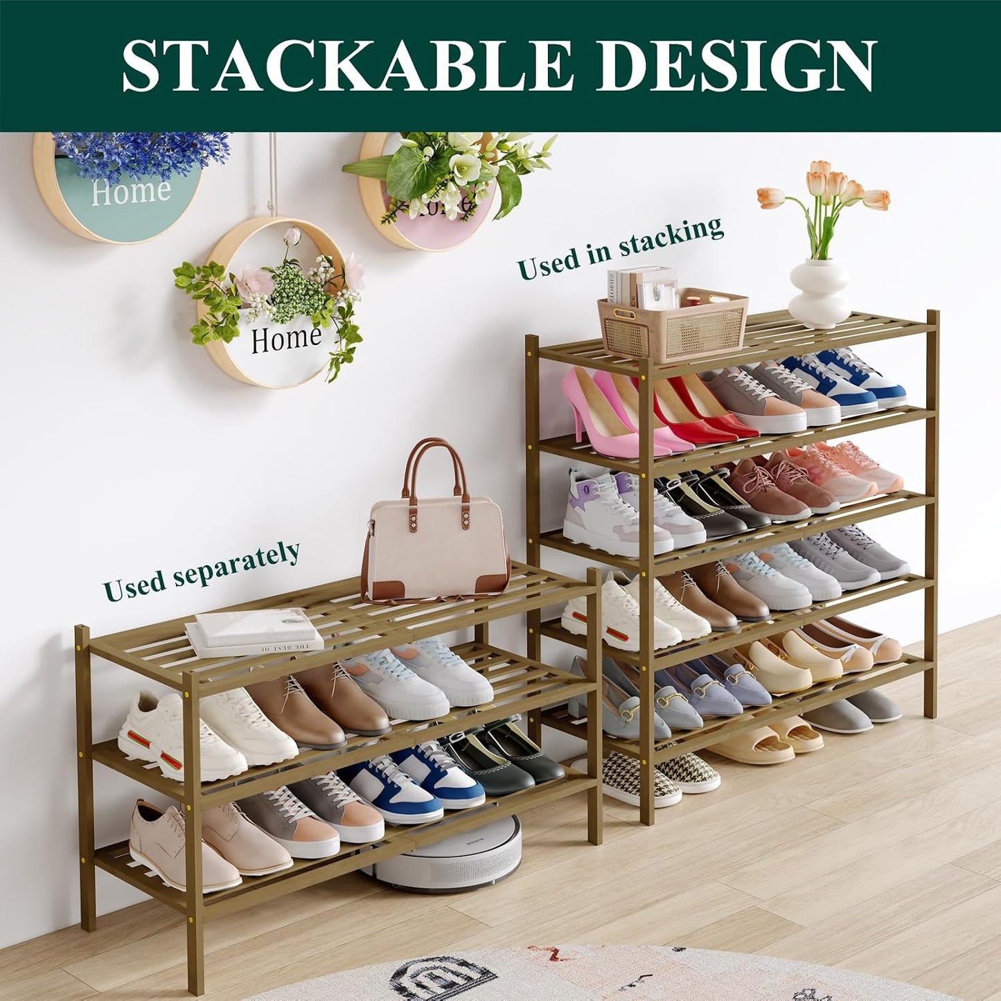 Smiry Bamboo Shoe Rack, 3 Tier Free Standing Wooden Shoe Organizer, Stackable Wood Shoe Storage Shelf for Closet, Entryway, 5 Horizontal Slats, 26.8"x11"x18.3", Natural