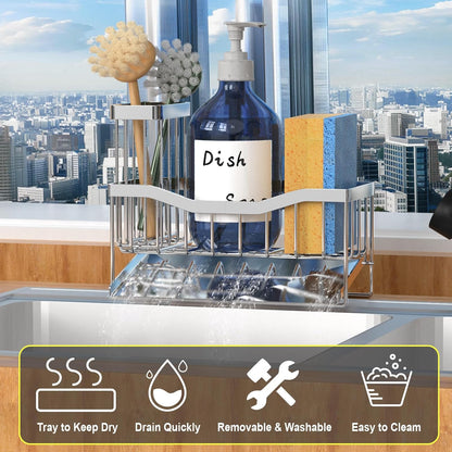 Maifan Sink Caddy Sponge Holder for Kitchen with Brush Holder and Stainless Steel Self Drain Tray, Rustproof Kitchen Sink Organizer for Sponge, Soap Dispenser Storage Accessories (Lacquer Silver)